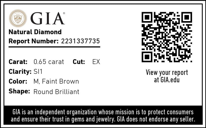 .645 carat, round brilliant, M color, SI1 clarity, natural diamond, GIA graded
