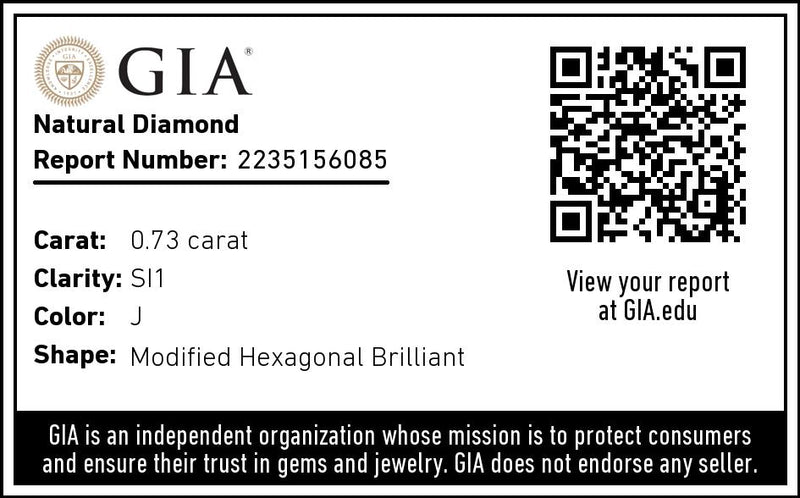 .73 elongated hexagonal, J color, SI1 clarity natural diamond