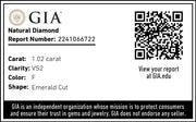 1.02 Carat F color, VS2 clarity, Natural Emerald Cut Diamond Report Access Card