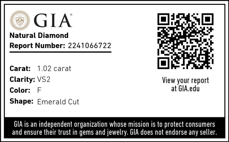 1.02 Carat F color, VS2 clarity, Natural Emerald Cut Diamond Report Access Card