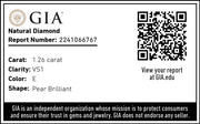 1.26 carat E color, VS1 Clarity, Pear Shape, Natural Diamond GIA Report Access Card