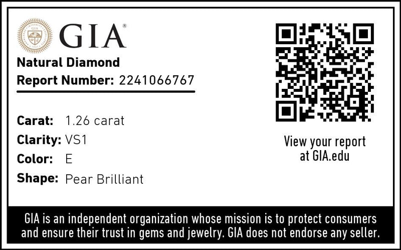 1.26 carat E color, VS1 Clarity, Pear Shape, Natural Diamond GIA Report Access Card