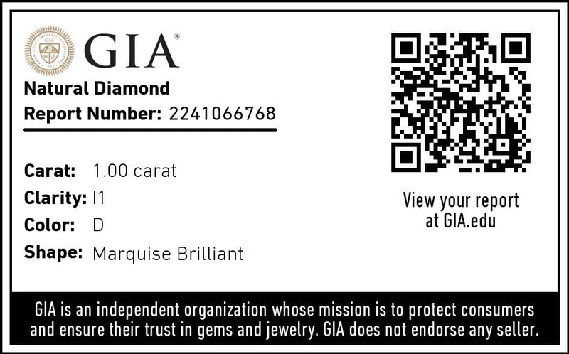 1.0 Carat D color I1 Clarity Marquise Cut Natural Diamond