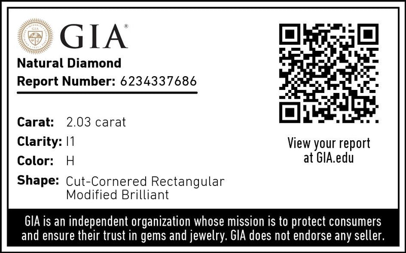 2.03 carat, Radiant cut, H color, I1 clarity, Natural Diamond, GIA graded