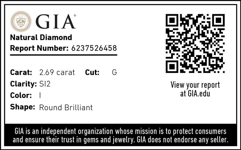 2.69 carat round brilliant natural diamond, I color, SI2 clarity, GIA