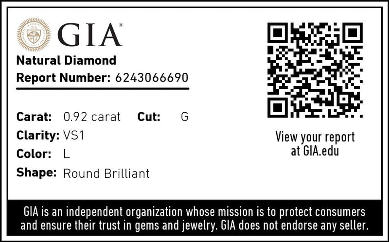 .92 Carat L Color VS1 Round Brilliant Cut Natural Diamond GIA 6243066690