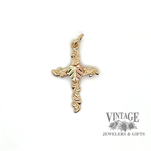 Scroll and leaf 10k gold cross pendant