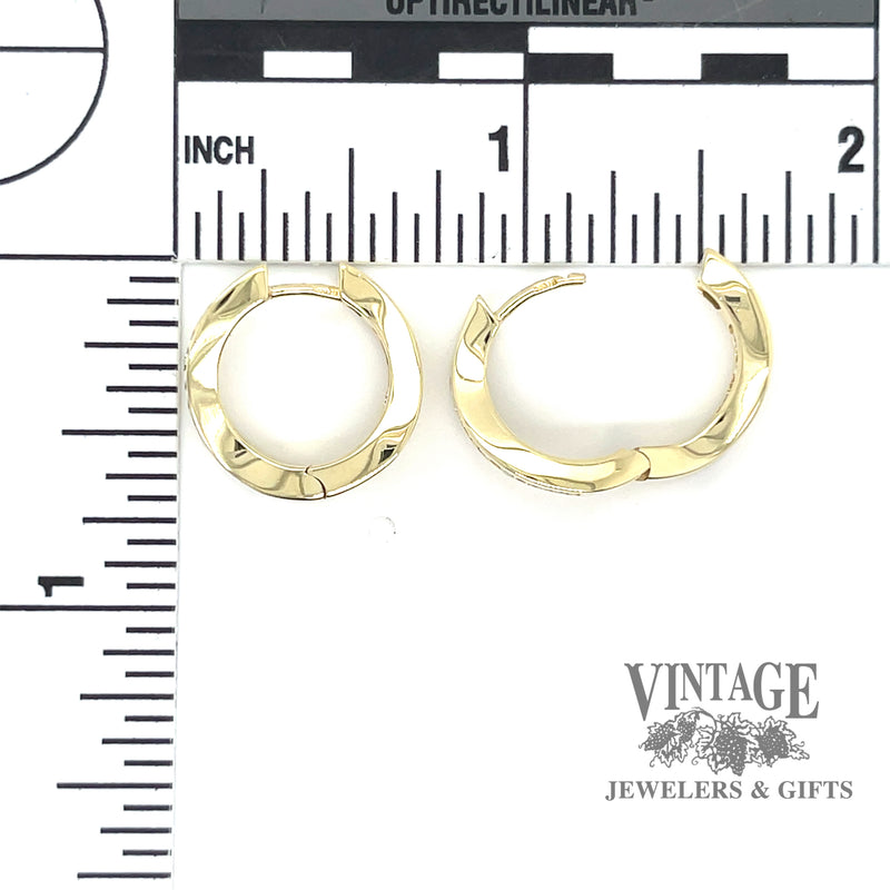 Twisted inside out 14ky gold small diamond hoop earrings