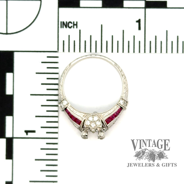 Platinum vintage inspired ruby and diamond hand engraved ring scale