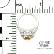 18kw gold 1.80ct Orange sapphire diamond pave halo ring with scale