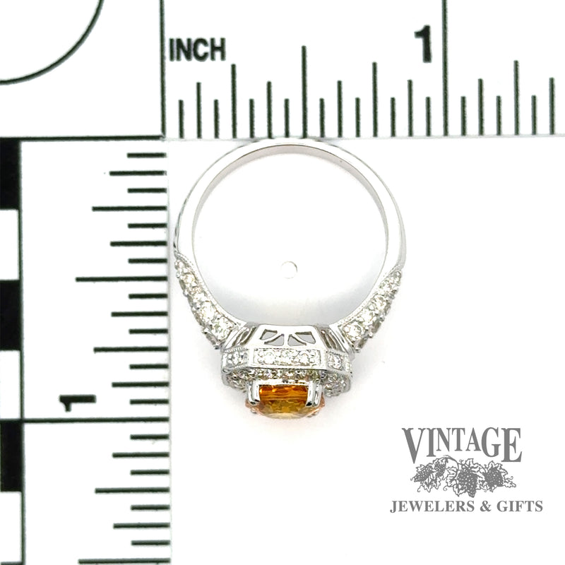 18kw gold 1.80ct Orange sapphire diamond pave halo ring with scale