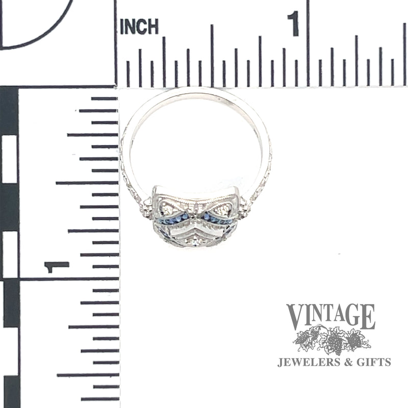 Vintage inspired sapphire and diamond 14kw gold ring scale