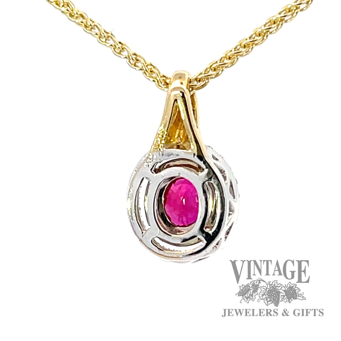 Ruby and diamond 18k gold halo pendant