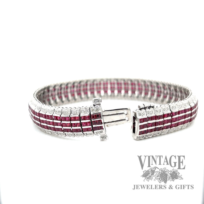 Vintage ruby and diamond 14k white gold 7” bracelet clasp