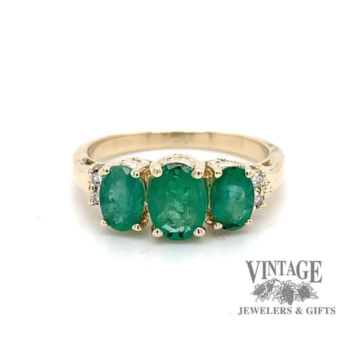 Three stone emerald and diamond 14ky ring
