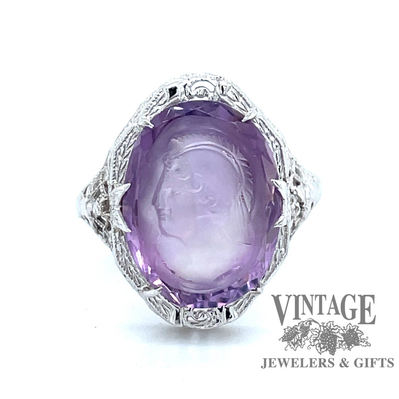  14 karat white gold antique amethyst cameo filigree ring
