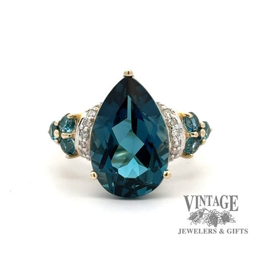 10ky gold London blue pear shaped and diamond ring