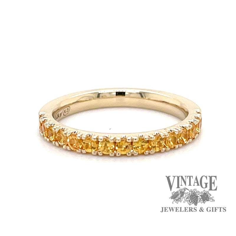 Hand set castle pave, spessartine garnet 14 karat yellow gold ring stacker. 15 round, spessartine garnets @ .75 carats. Finger size 7.