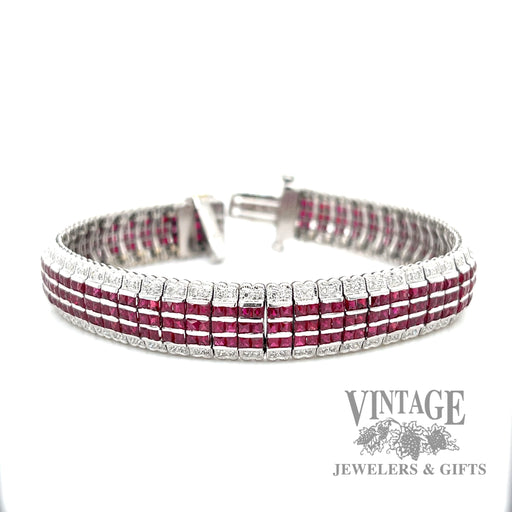 Vintage ruby and diamond 14k white gold 7” bracelet front