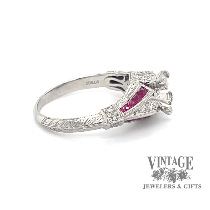 Platinum vintage inspired ruby and diamond hand engraved ring side