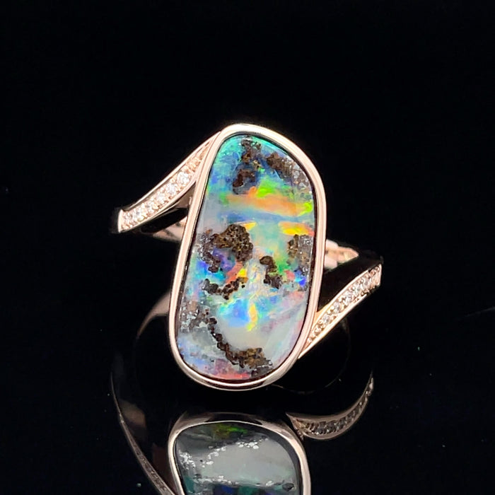 Boulder opal 14k rose gold and diamond bypass ring