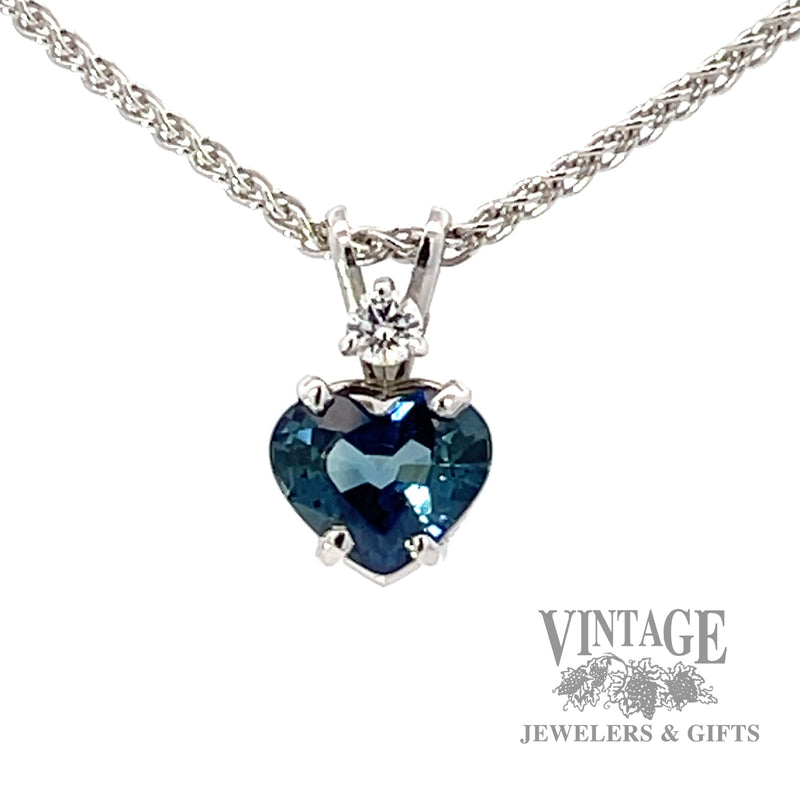 Heart shaped natural sapphire and diamond 14k white gold pendant
