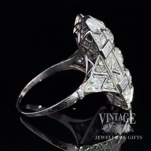 Art Deco antique platinum and diamond ring, side view