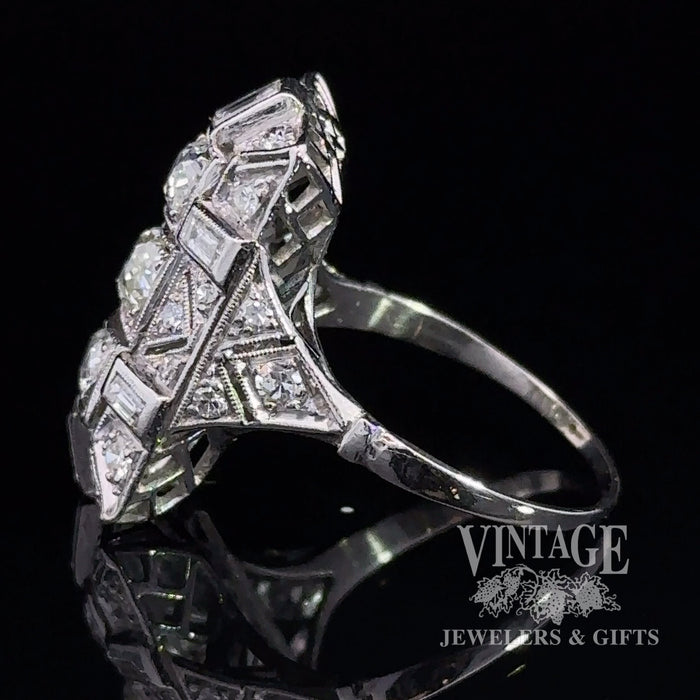 Art Deco antique platinum and diamond ring, alternate side view