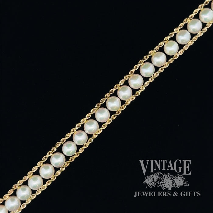 Vintage 14 karat yellow gold cultured pearl and rope chain bracelet