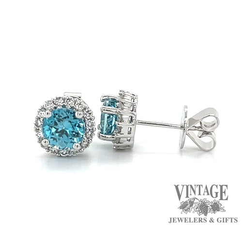 2.91 CTW natural blue zircon and diamond 18kw stud earrings