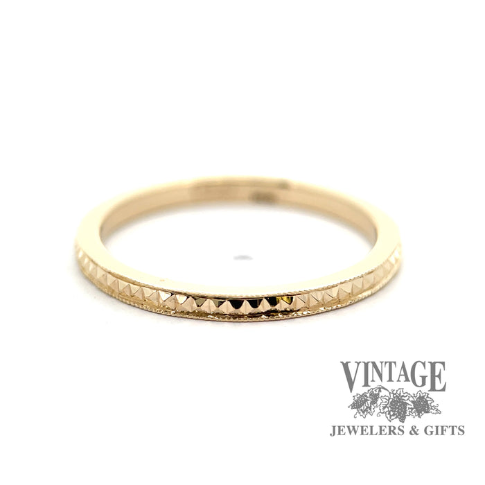 Hand engraved studded 14ky gold stacker ring