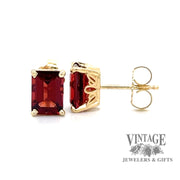 Garnet 14ky gold emerald cut stud earrings side
