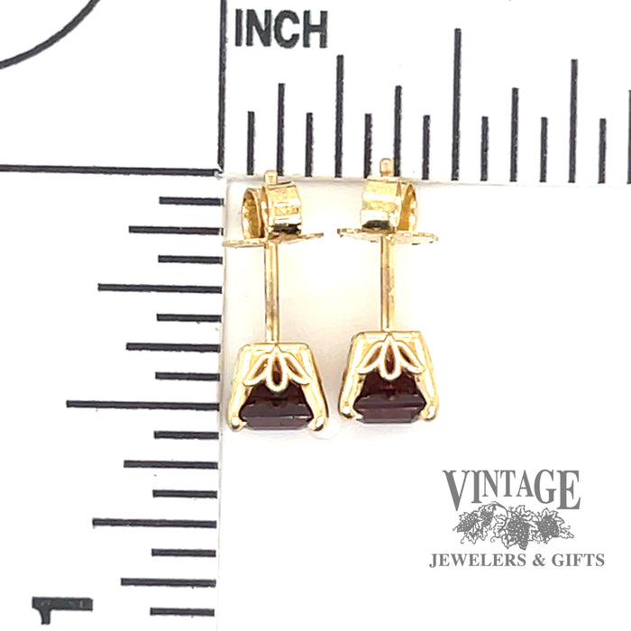Garnet 14ky gold emerald cut stud earrings scale