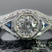 Sapphire and .70ct natural diamond filigree gallery 14kw gold ring center diamond