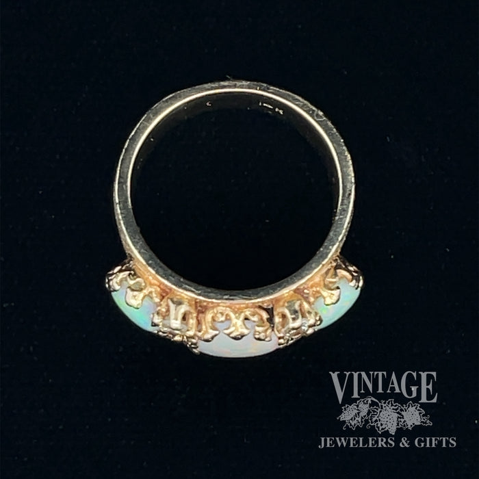4.5ctw Three stone crystal opal diamond 14ky ring through finger
