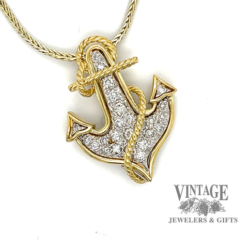 Anchor diamond pave 14k gold pendant.