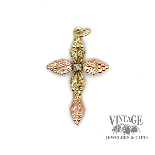 Black hills gold grape motif and diamond 10k gold cross pendant