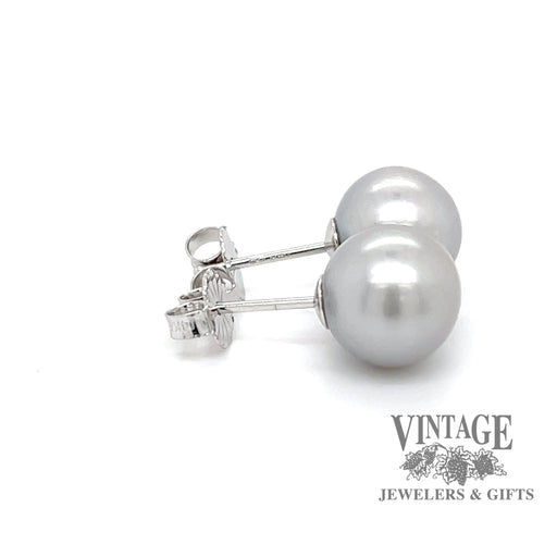9.5 mm silver akoya pearl stud 14k white gold stud earrings side