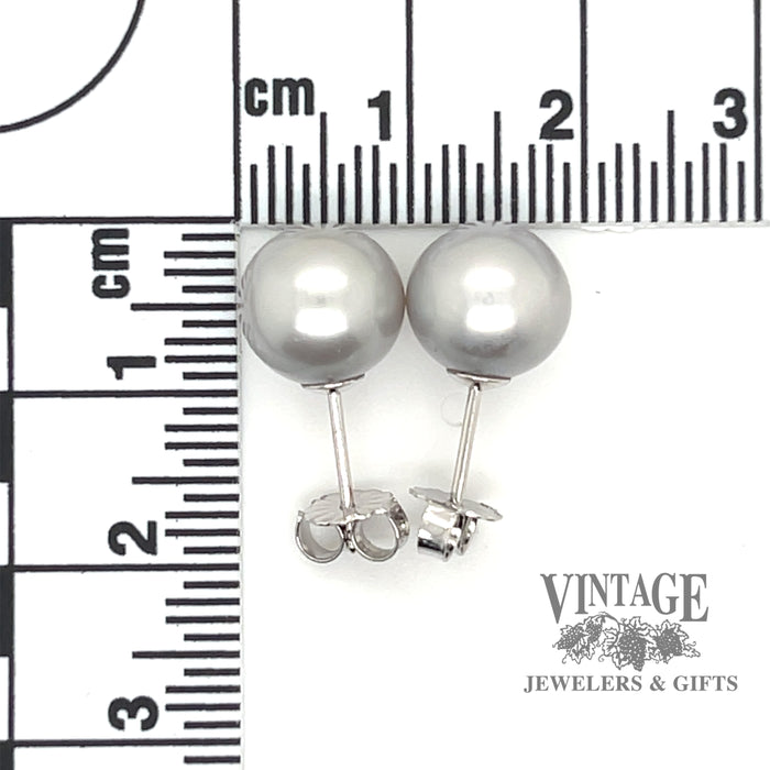 9.5 mm silver akoya pearl stud 14k white gold stud earrings scale