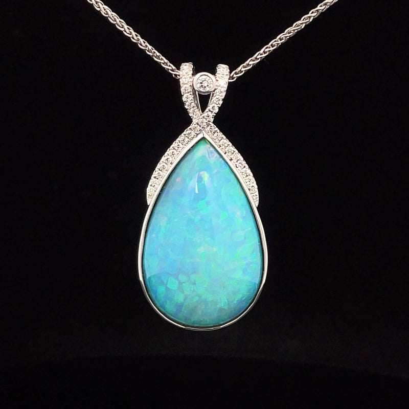 Blue/green opal 14k white gold and diamond pendant