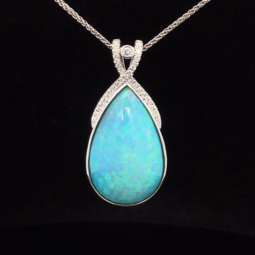 Blue/green opal 14k white gold and diamond pendant