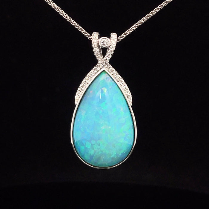 Blue/green opal 14k white gold and diamond pendant