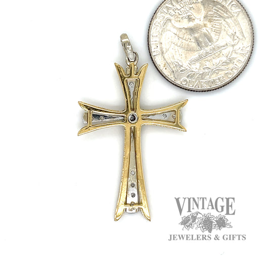 Vintage two tone 18k gold and diamond cross pendant back and scale
