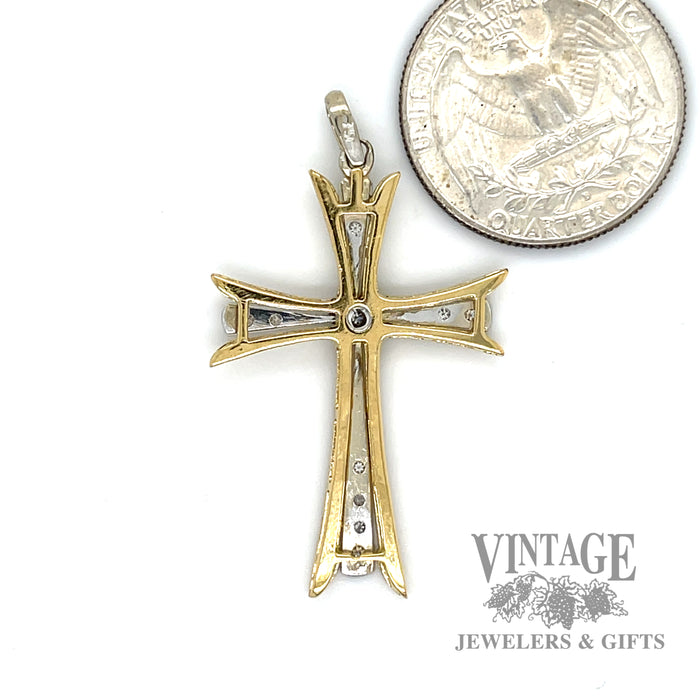 Vintage two tone 18k gold and diamond cross pendant back and scale
