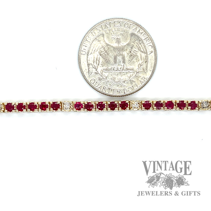 Natural ruby and diamond 14ky gold line bracelet.