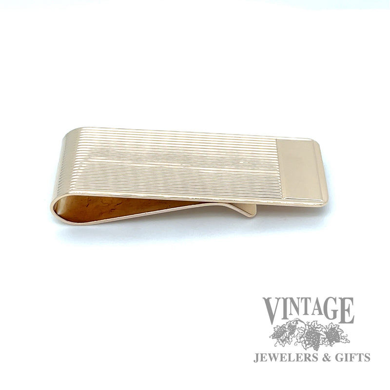 Embossed grooved 14k gold money clip side
