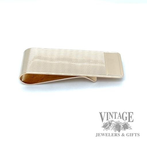 Embossed grooved 14k gold money clip side