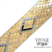 18 karat yellow gold hand engraved, solid, wide, two tone bracelet