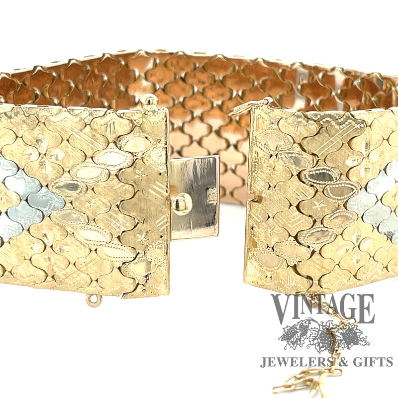 18 karat yellow gold hand engraved, solid, wide, two tone bracelet