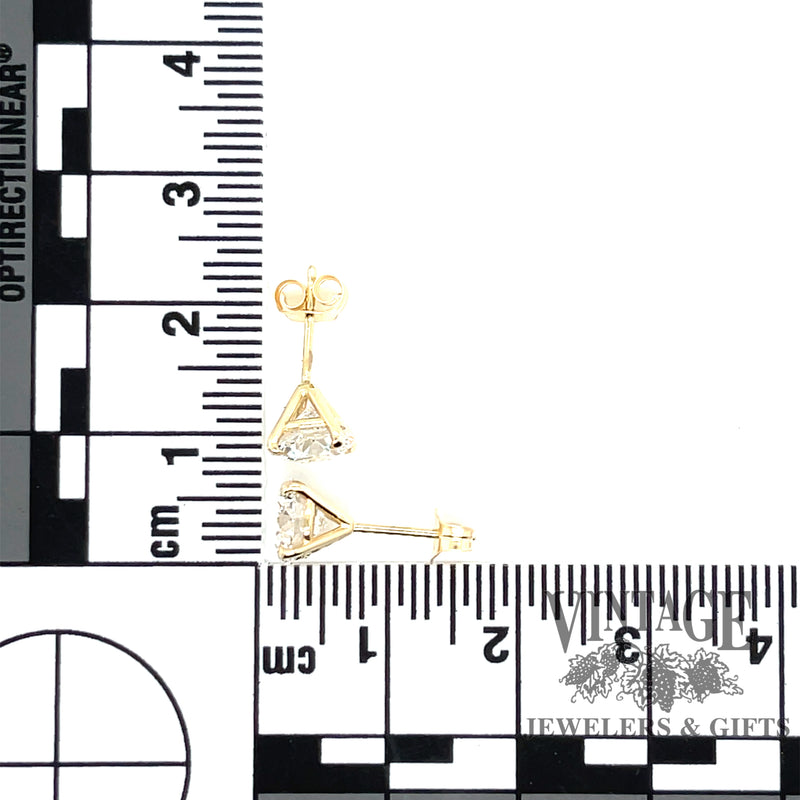 14 karat yellow gold 2.25 ct. total weight lab grown round diamond stud pierced earrings, with measurements
